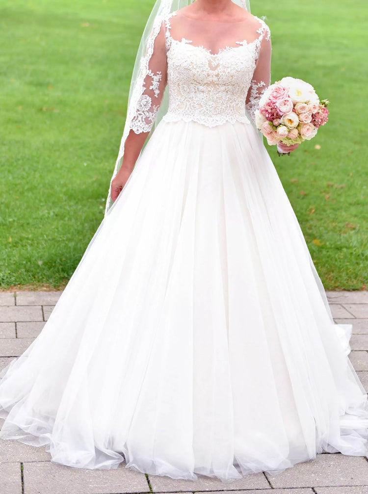 bateau a line wedding dress Satin Bateau Neckline A-Line Wedding Dresses With Lace Appliques US6 / Custom Color