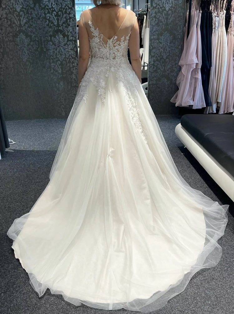 V Back Illusion Neckline Wedding Gown,A-line Embroidered Bridal Dress,