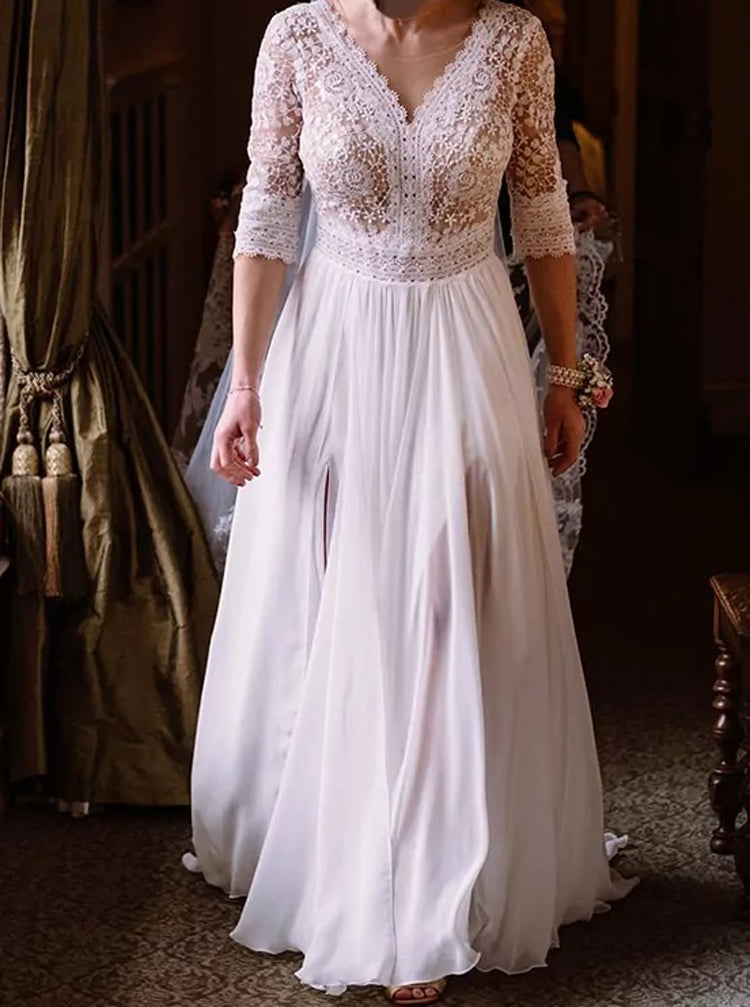 Chiffon Bridal Dress with Slit,Illusion Sleeve Wedding Dress,WD00815 -  Wishingdress