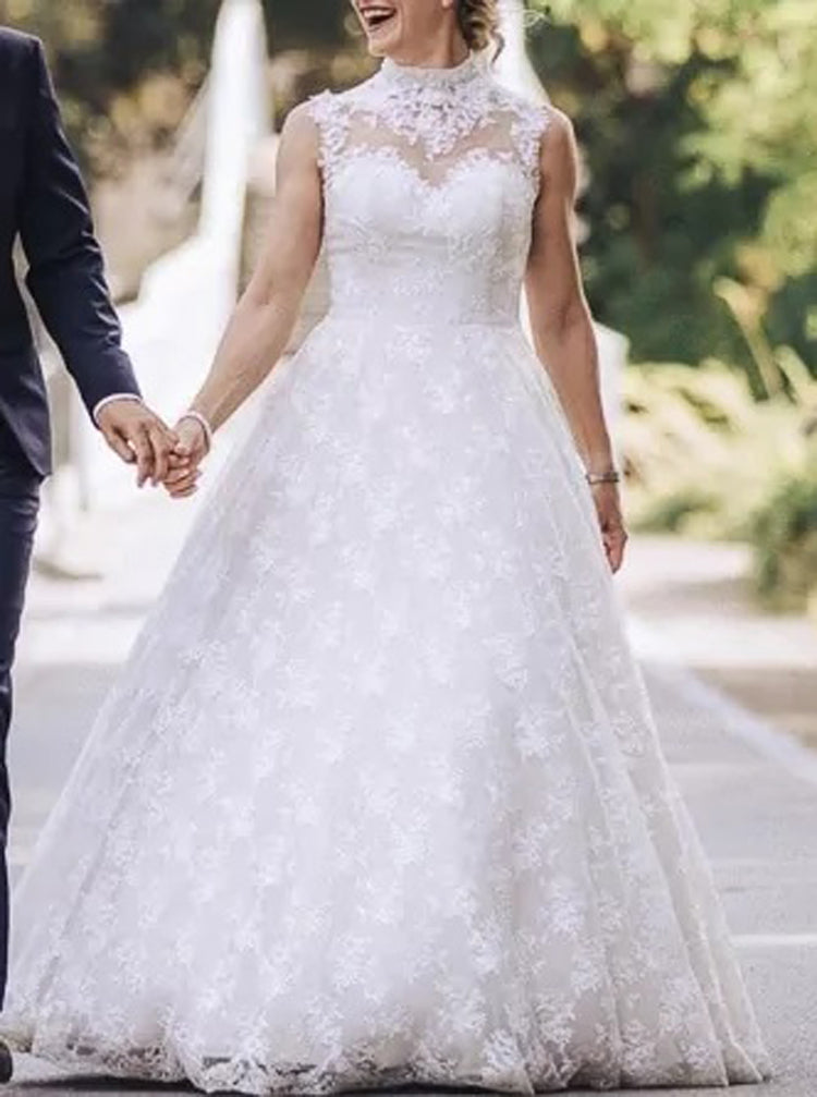 knee length dresses for ladies Vintage High Neck Lace Long Sleeve Wedding Dress Detachable Train