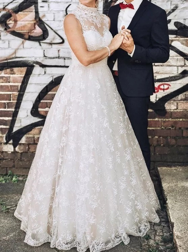 Vintage Lace Wedding Gown,High Neck Floor Length Bridal Dresses,WD00819, US14W / White