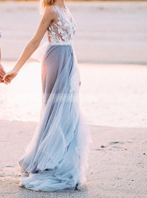 White Over Dusty Blue Beach Wedding Dresses,See Through Casual Bridal Gown,WD00825