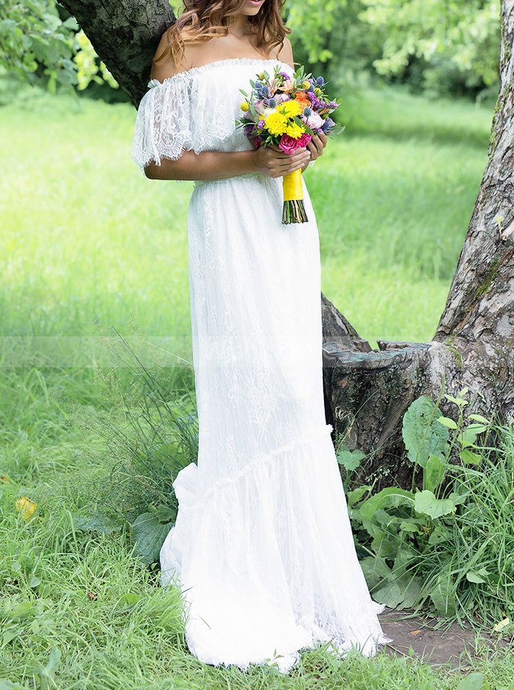 Off the Shoulder Bridal Gown,Boho Destination Lace Wedding Dresses,WD0