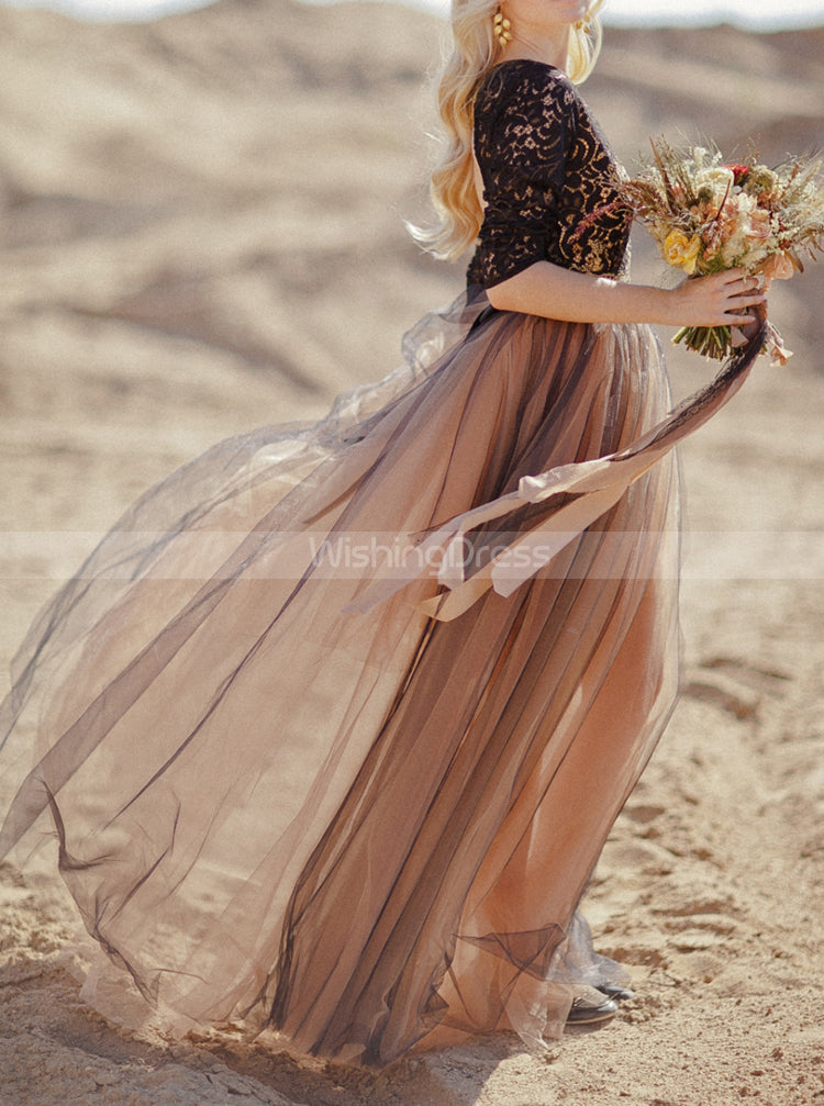 Black Champagne Wedding Dresses with Three-quarter Sleeves,Destination Tulle Bridal Dress,WD00831, US24W / White