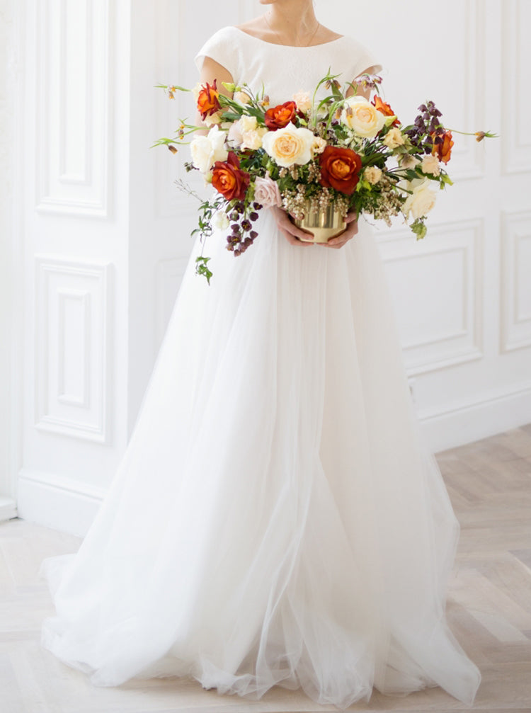 Simple A-line Wedding Dress,Cap Sleeves Tulle Bridal Gowns,WD00836, US6 / Ivory