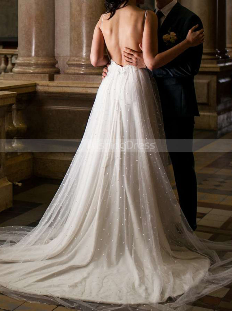 Spaghetti Straps Pearl Bridal Gown,Open Back Wedding Dress with Slit,WD00842, US20W / Black Spaghetti Straps Pearl Bridal Gown,Open Back Wedding Dress with Slit,WD00842, US20W / Black