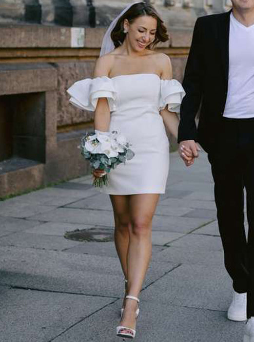 short sleeve crepe wedding dress Style M2589 Fit and Flare Wedding Dress