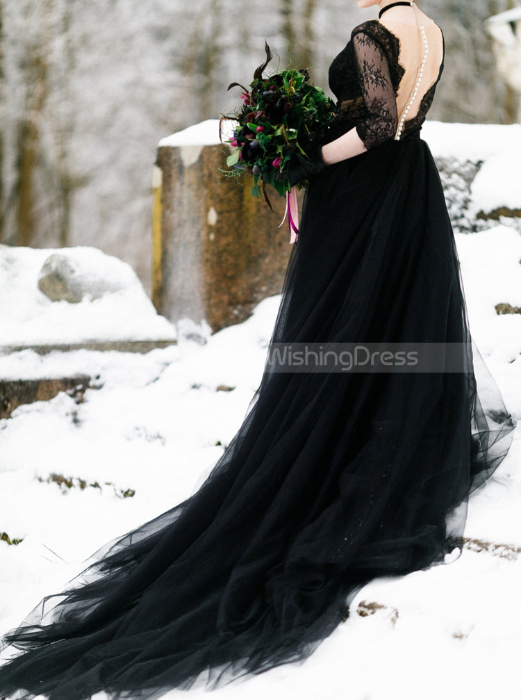 Black A-Line Bridal Dresses,See Through Wedding Gowns with Sleeves,WD00847, US26W / Black