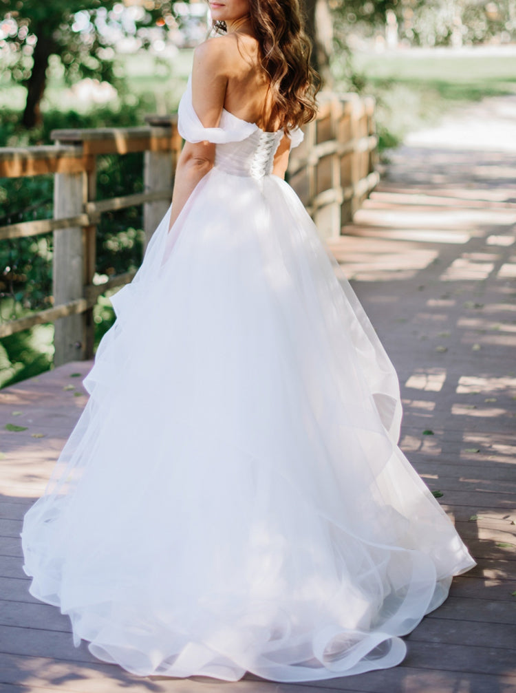 Off The Shoulder Wedding Dresses,Flounce Skirt Lace Up Back Bridal Dress,WD00851, US10 / White