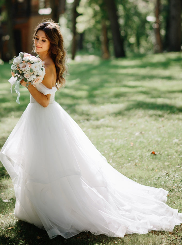 Off The Shoulder Wedding Dresses,Flounce Skirt Lace Up Back Bridal Dress,WD00851, US10 / White Off The Shoulder Wedding Dresses,Flounce Skirt Lace Up Back Bridal Dress,WD00851, US10 / White