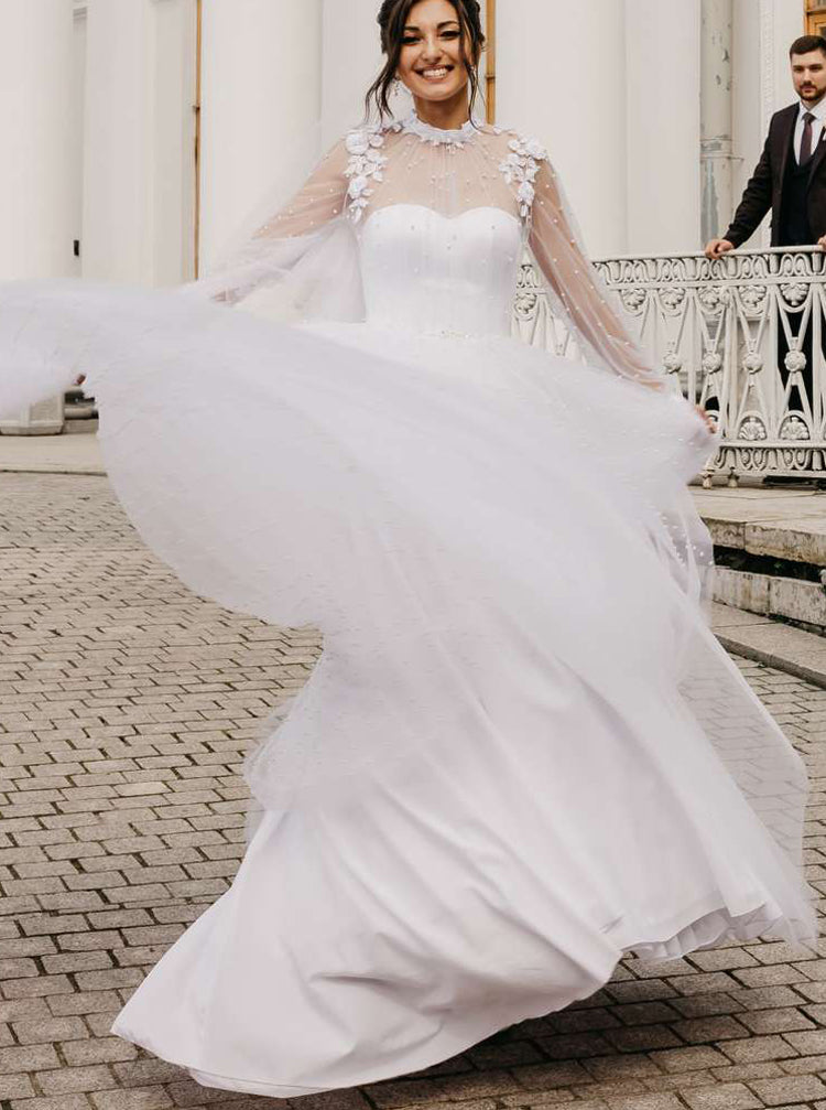 pearl wedding dress long sleeve Sheer See Through Long Sleeve Wedding Dresses Pearl Tulle AWD1564