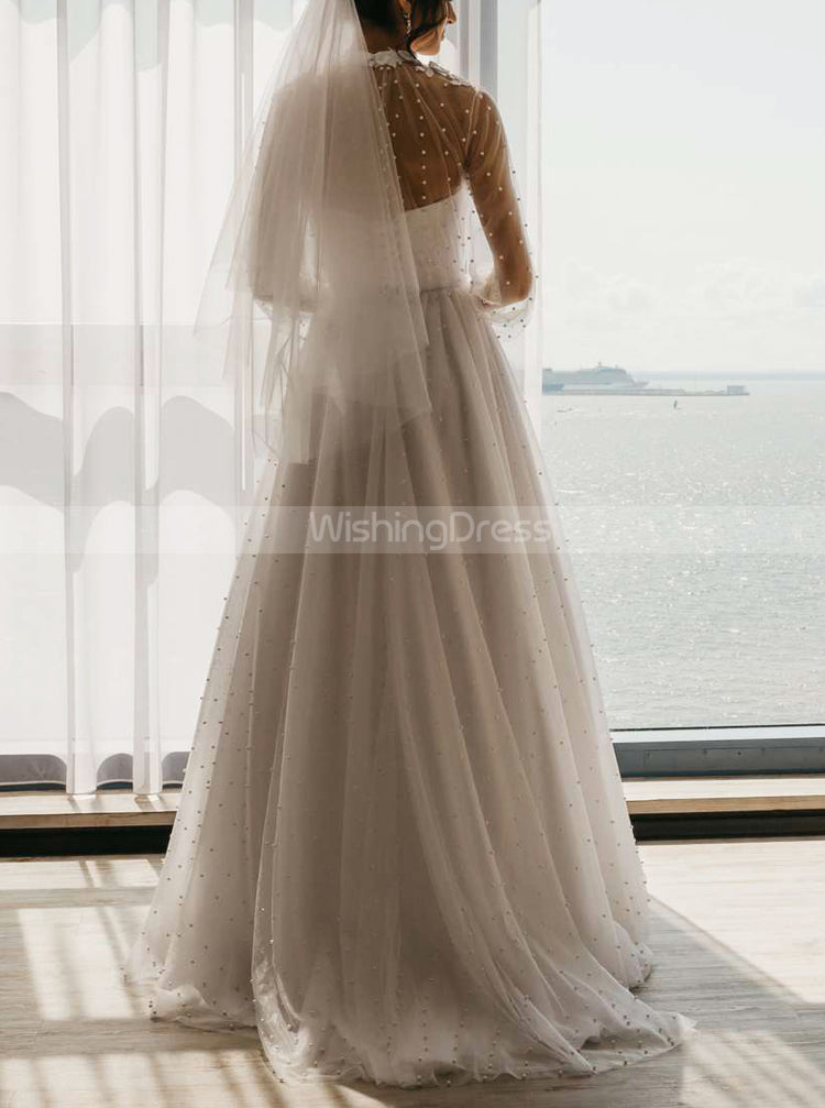 knee length dresses for ladies A-Line See Through Tulle Long Sleeve Wedding Dresses Pearl WD336 Custom Size / Custom Color