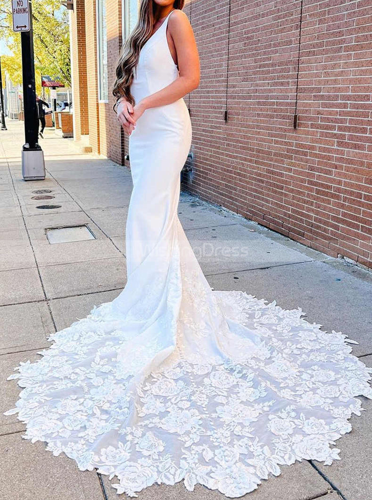 Fit And Flare Wedding Dresses With Lace Train,Crepe Wedding