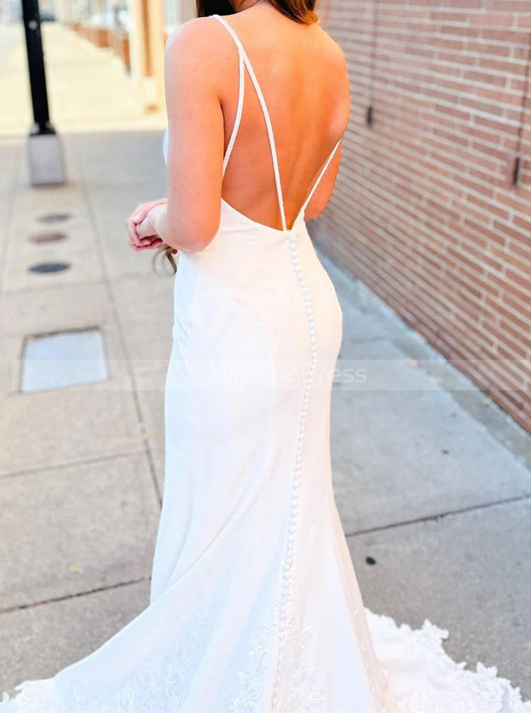 Fit and Flare Wedding Dresses with Lace Train,Crepe Wedding Dresses Plunging Neck,WD00859, US22W / White