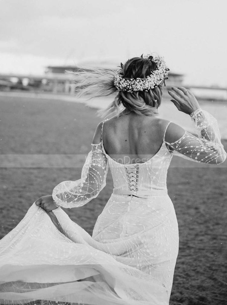 Lace Beach Wedding Dress,Cold-shoulder Bridal Gown With Long Sleeves,WD00860, US24W / White Lace Beach Wedding Dress,Cold-shoulder Bridal Gown With Long Sleeves,WD00860, US24W / White