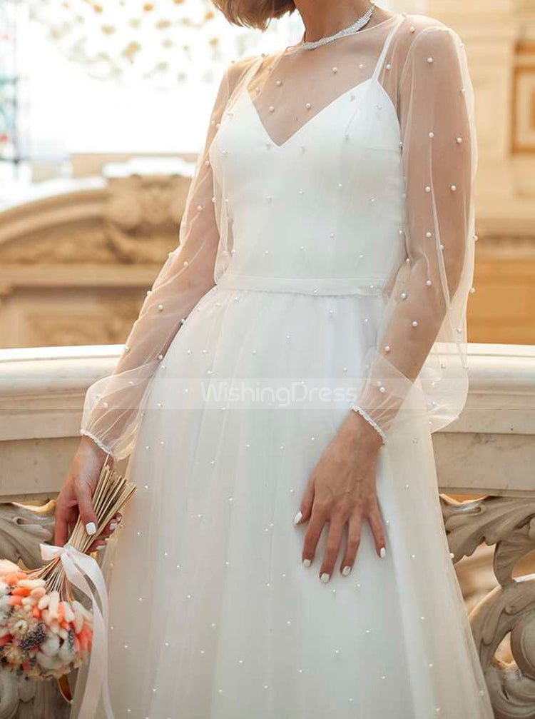 A-line Pearl Wedding Dress,Long Sleeve Tea Length Wedding Reception Dress,WD00863, US20W / White A-line Pearl Wedding Dress,Long Sleeve Tea Length Wedding Reception Dress,WD00863, US20W / White