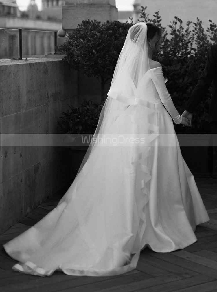 Off The Shoulder Long Sleeve Wedding Gown,A-line Satin Bridal Dresses, - Wishingdress Off The Shoulder Long Sleeve Wedding Gown,A-line Satin Bridal Dresses, - Wishingdress