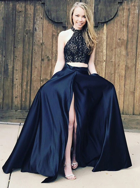 A-line Dark Navy Two Piece Prom Dress,Satin Prom Dress with Slit,Girl Party Dress PD00135