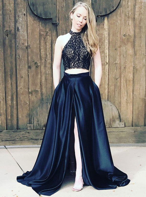 A-line Dark Navy Two Piece Prom Dress,Satin Prom Dress with Slit,Girl Party Dress PD00135, US12 / Dark Navy A-line Dark Navy Two Piece Prom Dress,Satin Prom Dress with Slit,Girl Party Dress PD00135, US12 / Dark Navy