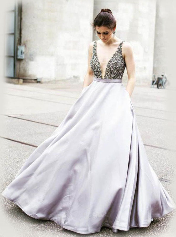 A-line Floor Length Prom Dress,Simple Prom Dress with Pockets,Satin Pr