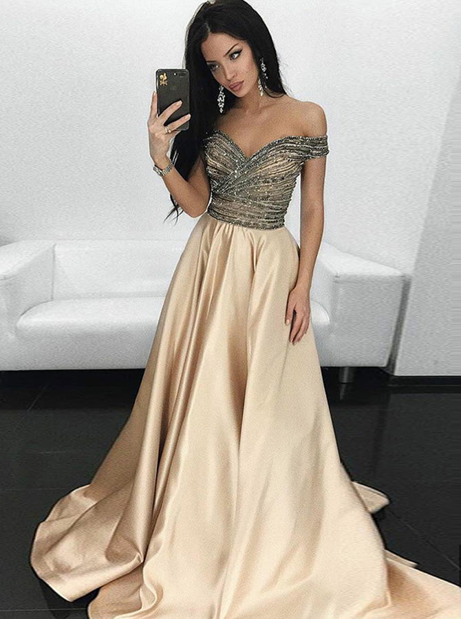 A-line Off the Shoulder Prom Dress,Satin Evening Dress with Train,Gorg - Wishingdress A-line Off the Shoulder Prom Dress,Satin Evening Dress with Train,Gorg - Wishingdress