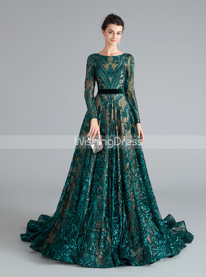 A line Prom Dresses with Long Sleeves Sequined Homecoming Dress