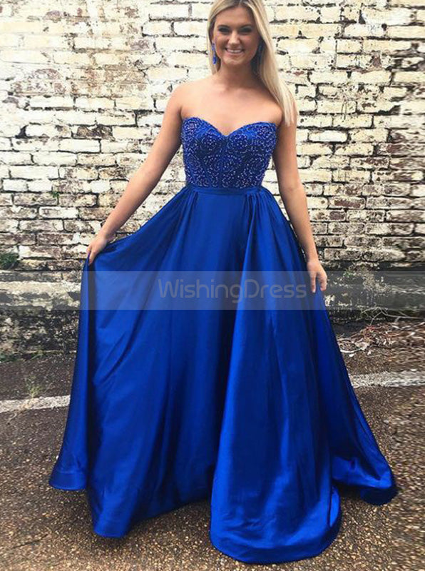 A-Line Satin Floor Length Prom Dress,Beaded Sweetheart Prom Dress,Elegant Graduation Dress PD00150, US18W / Royal Blue