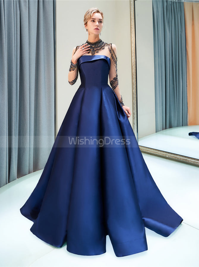 A-line Satin Prom Dresses with Sleeves,High Neck Evening Dress,PD00381 - Wishingdress A-line Satin Prom Dresses with Sleeves,High Neck Evening Dress,PD00381 - Wishingdress