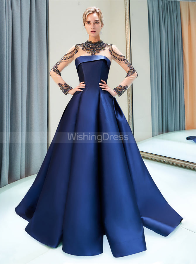 A-line Satin Prom Dresses with Sleeves,High Neck Evening Dress,PD00381 - Wishingdress A-line Satin Prom Dresses with Sleeves,High Neck Evening Dress,PD00381 - Wishingdress