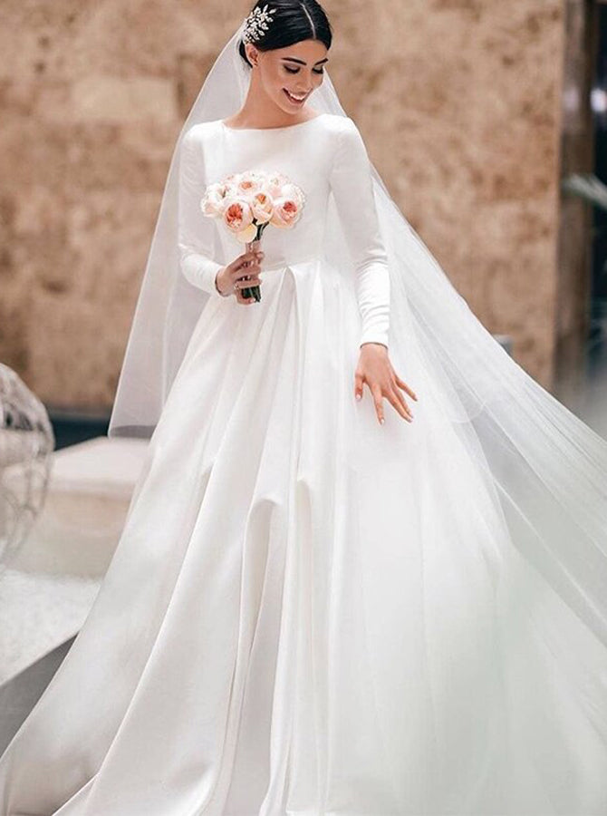 A-line Satin Wedding Dress with Long Sleeves,Modest Wedding Dress High  Neck,WD00617