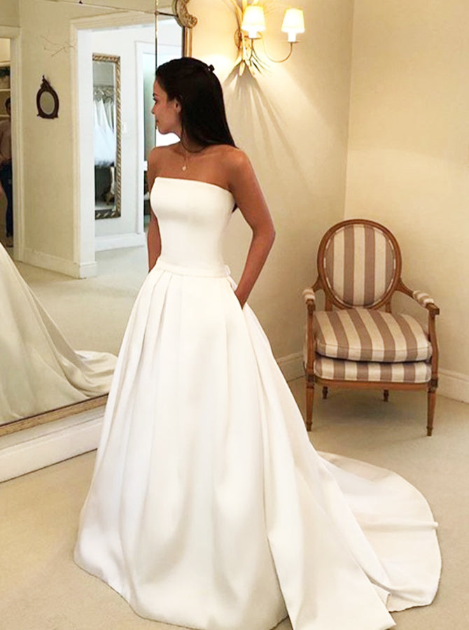 A-Line Satin Wedding Dress with Pockets,Strapless Simple Wedding Gown,WD00620, US14W / Ivory A-Line Satin Wedding Dress with Pockets,Strapless Simple Wedding Gown,WD00620, US14W / Ivory