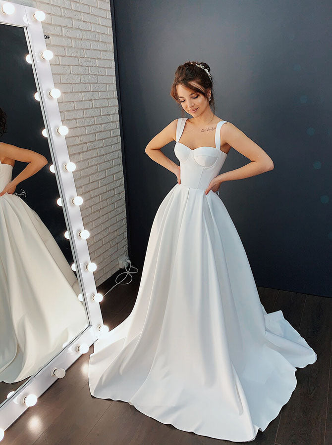 A-line Satin Wedding Dress with Straps,Simple Wedding Dress