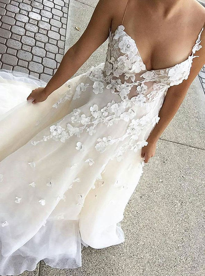 A-Line Spaghetti Straps Wedding Dress,Floral Bridal Dress,WD00466, US26W / Ivory A-Line Spaghetti Straps Wedding Dress,Floral Bridal Dress,WD00466, US26W / Ivory