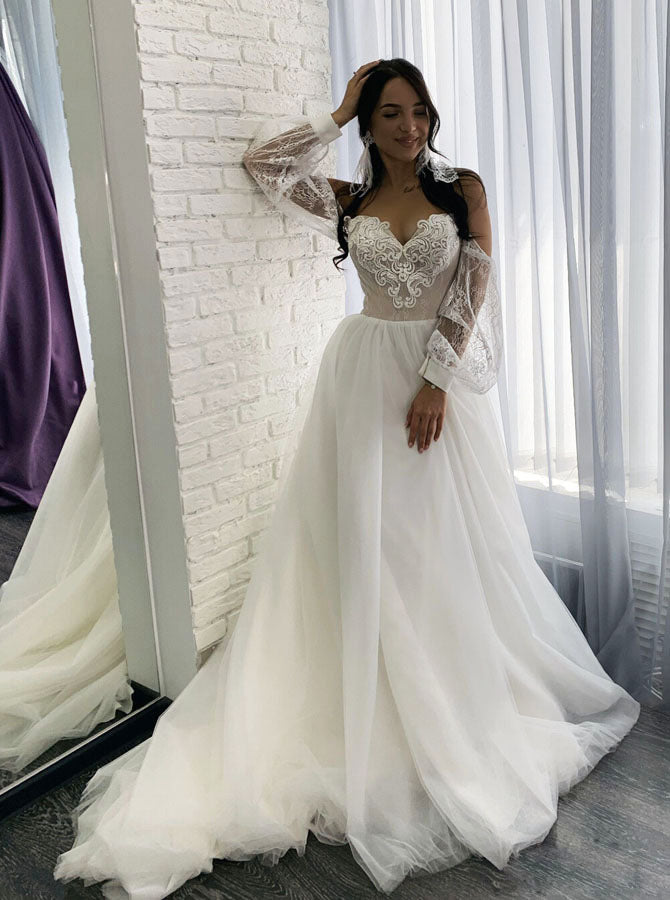A-Line Sweetheart Wedding Dresses,Tulle Bridal Gown with Lace Sleeves,WD00644, US14W / Champagne A-Line Sweetheart Wedding Dresses,Tulle Bridal Gown with Lace Sleeves,WD00644, US14W / Champagne