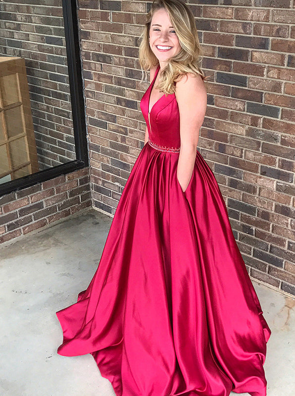A-line V-neck Prom Dress,Satin Prom Dress with Pockets,Long Modest Pro