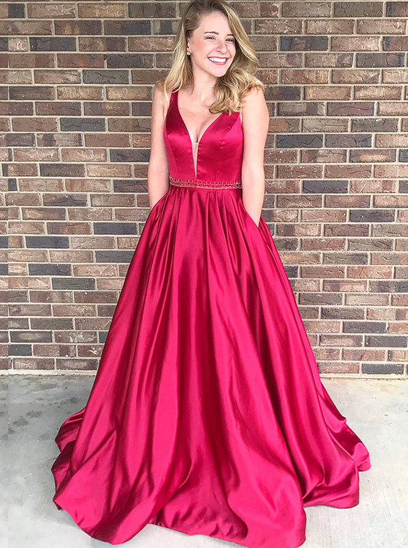 A-Line V-Neck Prom Dress,Satin Prom Dress with Pockets,Long Modest Prom Dress PD00168, US10 / Burgundy A-Line V-Neck Prom Dress,Satin Prom Dress with Pockets,Long Modest Prom Dress PD00168, US10 / Burgundy