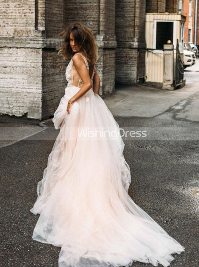blue dress for baby girl Sequin V-Neck Long Sleeves Boho Wedding Dress with Sweep Train – 27dress main image 1