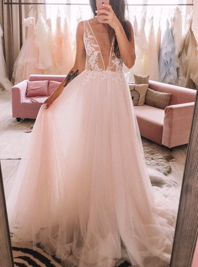A-Line Wedding Dress with Train,Boho Bridal Gown,WD00506, US20W / Champagne