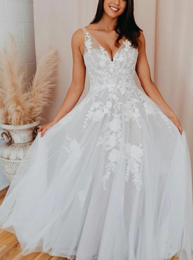 a line v neck tulle wedding dress Fashion Long A-line V-neck Tulle Lace Princess Backless Wedding Dress main image 1