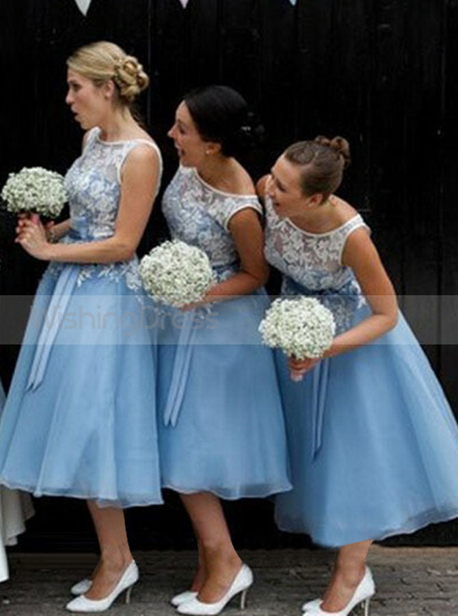 Blue tea length bridesmaid dresses sale