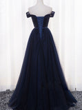 Aline Tulle Bridesmaid Dress,Dark Navy Bridesmaid Dress,Off the Shoulder Bridesmaid Dress,BD00193