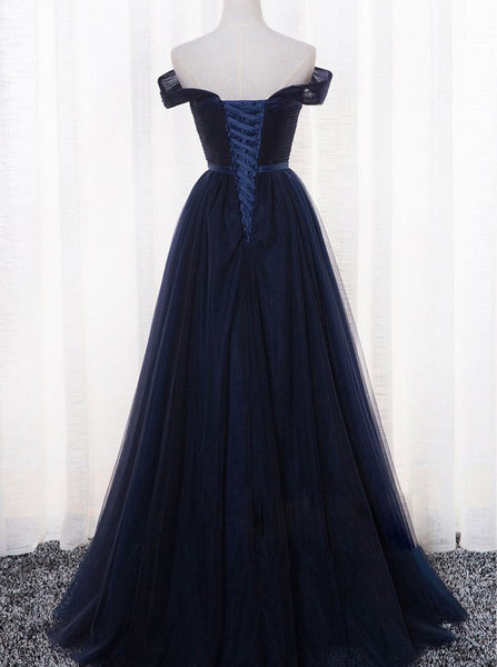 Aline Tulle Bridesmaid Dress,Dark Navy Bridesmaid Dress,Off the Shoulder Bridesmaid Dress,BD00193