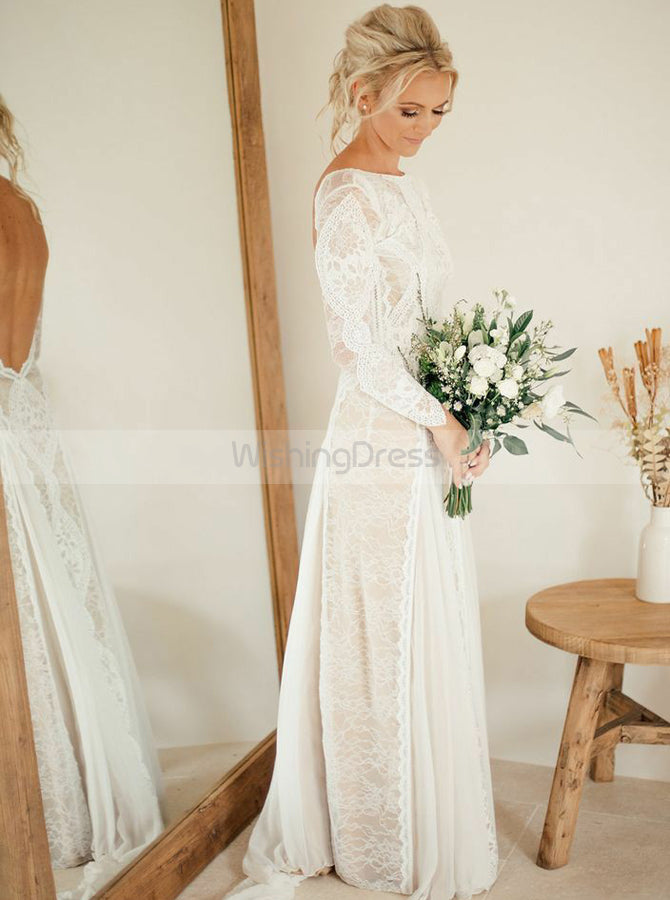 Backless Wedding Dresses,Lace Wedding Dress,Wedding Dress with Sleeves,Rustic Bridal Dress,WD00177, US16W / Ivory