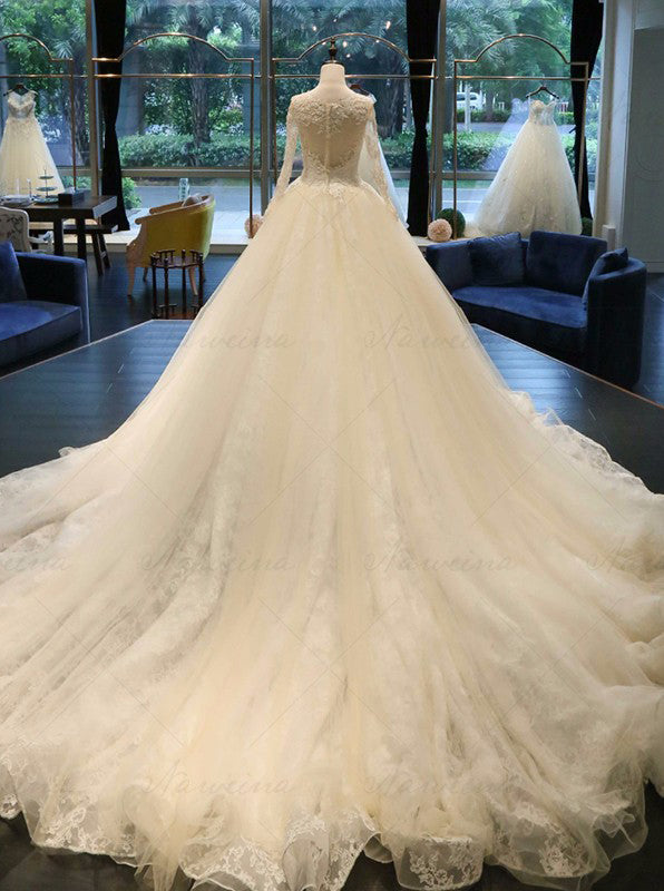 Ball Gown Wedding Dresses,Wedding Gown with Sleeves,Cathedral Train Wedding Dress,WD00065, US20W / White Ball Gown Wedding Dresses,Wedding Gown with Sleeves,Cathedral Train Wedding Dress,WD00065, US20W / White