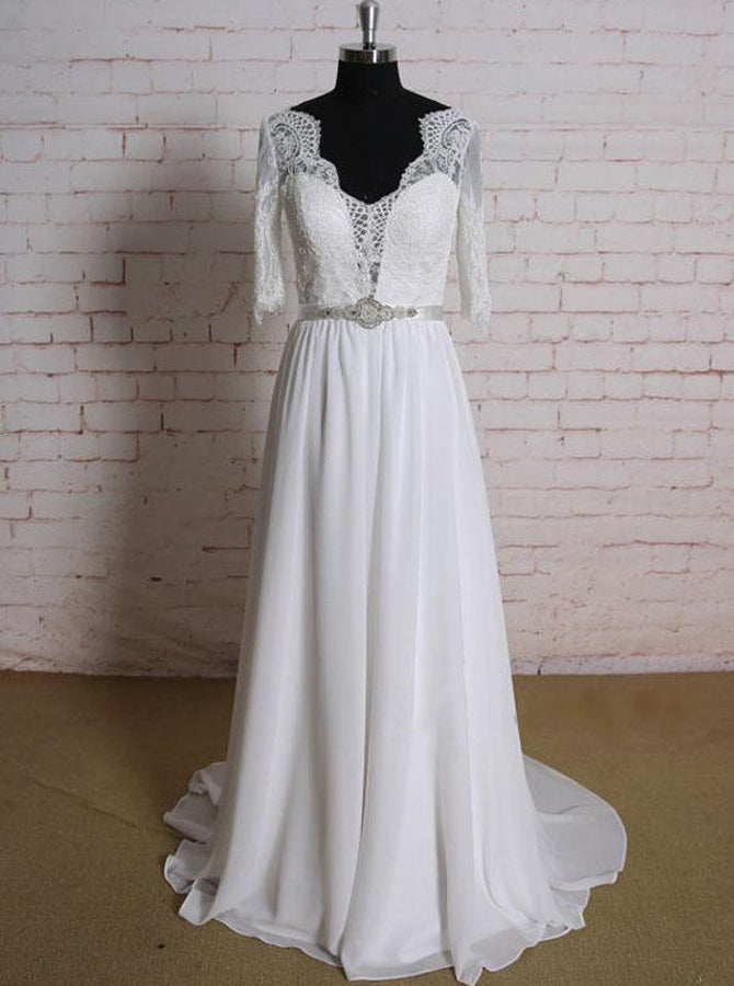 Beach Wedding Dresses with Sleeves,Elegant Wedding Dress,WD00365, US2 / Ivory