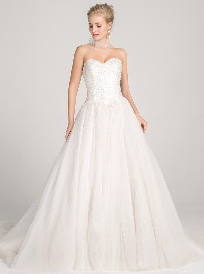 simple beaded wedding dresses Ball Gown Satin Sweetheart Wedding Dress Pearl Beaded main image 0