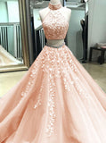 Beautiful Two Piece Prom Gown with Floral,Tulle Princess Prom Dress,Girl Graduation Dress PD00146