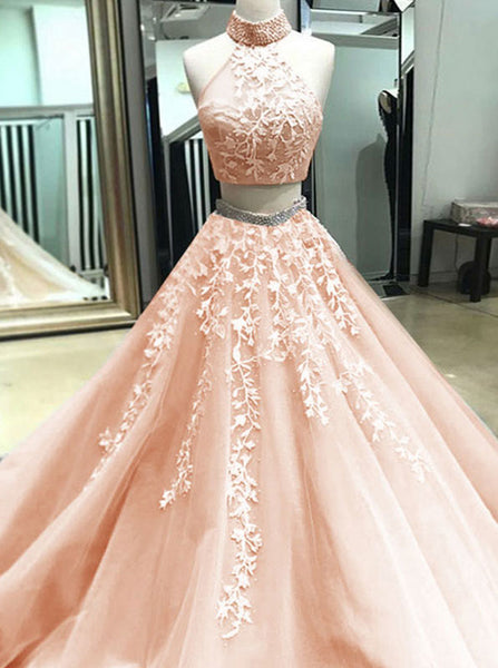 Beautiful Two Piece Prom Gown with Floral,Tulle Princess Prom Dress,Girl Graduation Dress PD00146