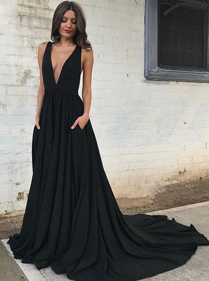 Black Chiffon Evening Dress with Train,Backless Prom Dress,Evening Dress with Pockets PD00065, US22W / Dark Navy Black Chiffon Evening Dress with Train,Backless Prom Dress,Evening Dress with Pockets PD00065, US22W / Dark Navy