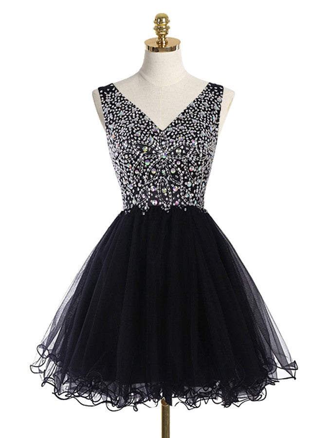 Black Cocktail Dresses,Sparkly Cocktail Dress,Short Homecoming Dress,V